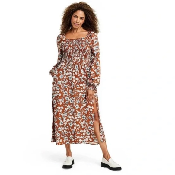 La Ligne Dresses & Skirts - Women's La Ligne x Target Brown/White Floral Smocked Bodice Midi Dress -